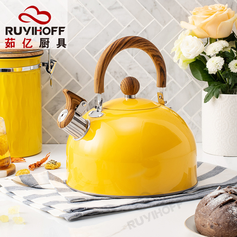 Кухонный чайник с плоским дном, свисток 3 л, желтый, для чая и кофе