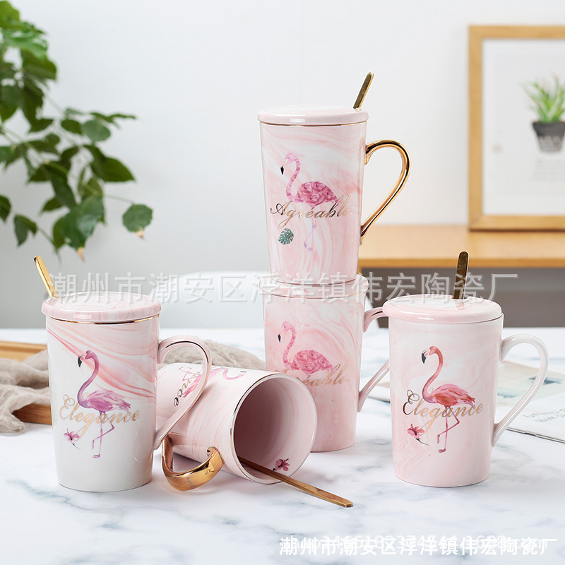 Flamingo Mug with Lid and Spoon Marble Pattern Ceramic Water Cup Wholesale Couple High Color Value Creative Coffee Cup