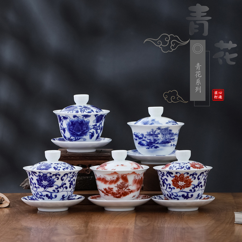 Керамическая чаша Dehua, синяя и белая, с крышкой, для кунг-фу, оптовая продажа