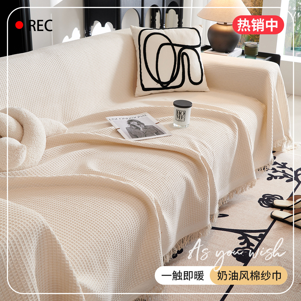 Sofa Towel Full Cover Cloth Ins Cream Style Cotton Gauze Camping Style Blanket Sofa Cushion Cover Cloth All Year Round Universal All-Inclusive Sofa Cover