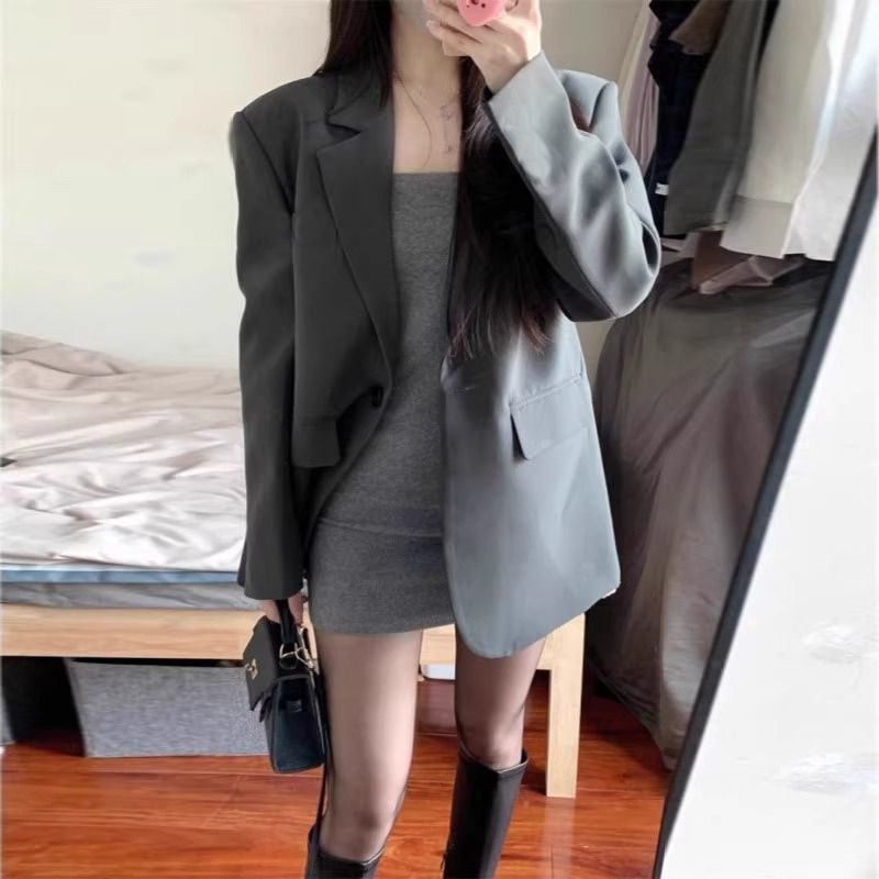 серый корейский стиль повседневный пиджак для женщин, новый осенний пиджак 2024, элегантный высококачественный уличный костюм