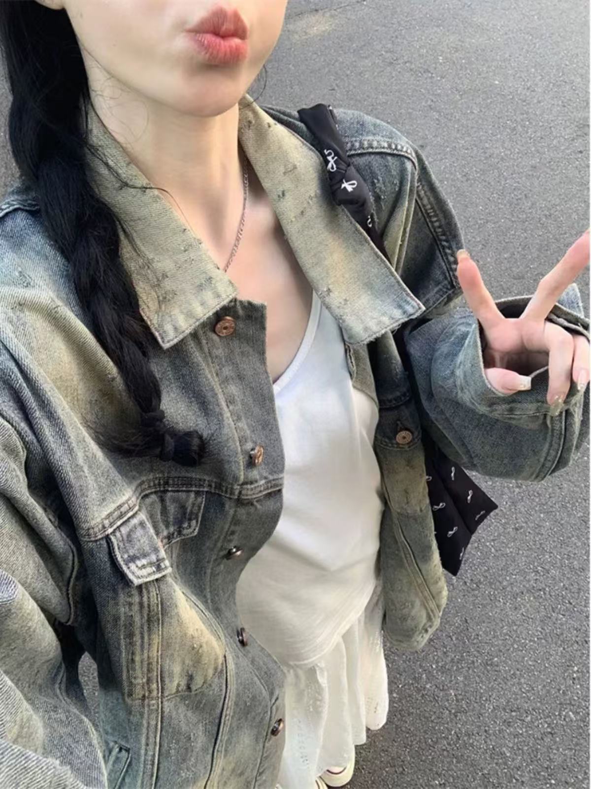 High Street American Style Vintage Washed Old Denim Coat Women's Spring and Autumn Loose oversize Mid-length Jacket Top