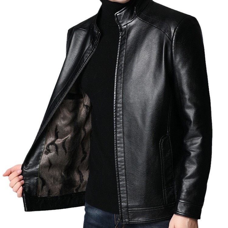 Autumn and Winter Genuine Leather Jacket Men's Haining Short Goatskin Jacket Flip Stand Collar Middle-Aged Leather Jacket Hot Style