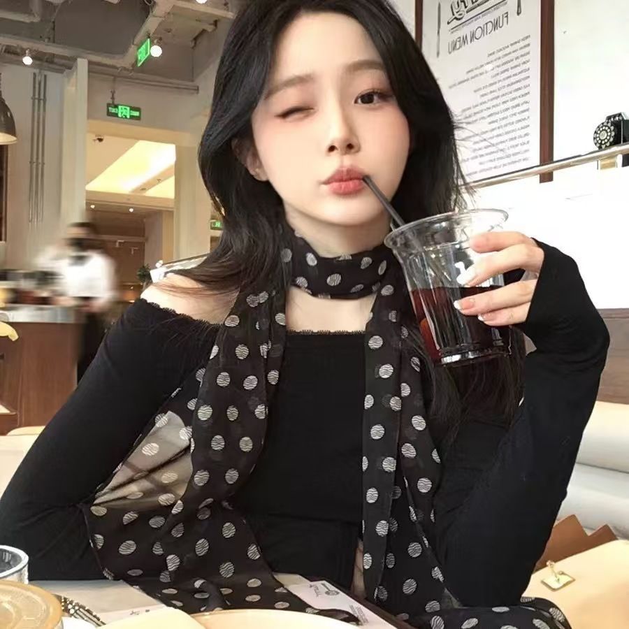 Brown Poll Dot Silk Scarf Printed High-grade All-match Accessories Neck Women 2025 New Style Hair Band Tie Long Scarf