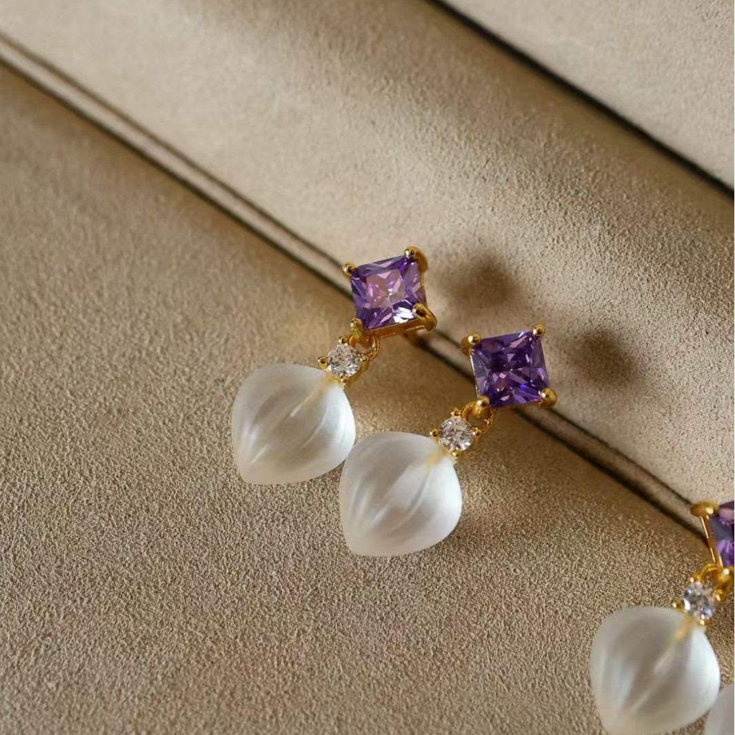 Natural Frosted White Crystal Earrings, Earrings, Medieval Design, S925 Silver, All-Over Silver Earrings, Fashionable