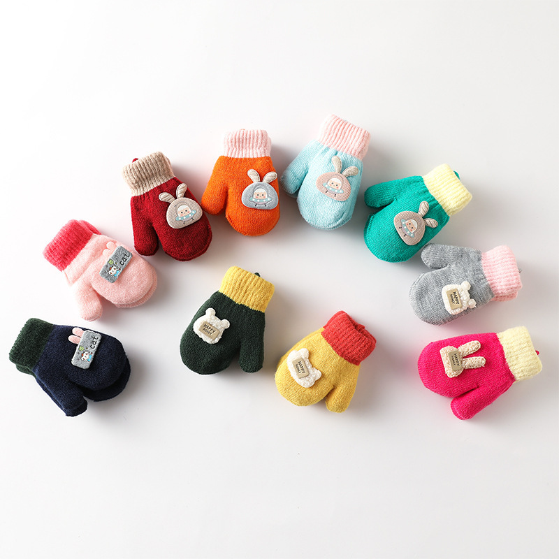 Winter Thickened fleece-lined Children's Men's and Women's Gloves Cartoon Cute Cold-proof Warm Finger Bag Baby Kindergarten with Rope