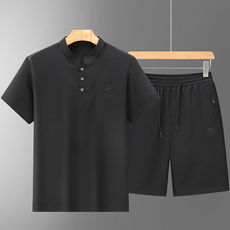 Middle-aged Men's Summer Round Neck Short-sleeved Summer T-shirt Cotton Linen Chinese Style Sports suit Ice Silk