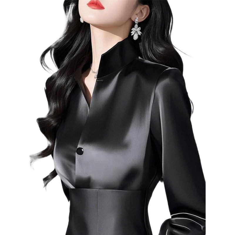 French Petite Unique Chic Beautiful Niche Accessible Luxury Cold Style High-End Acetate Satin Black Shirt Spring