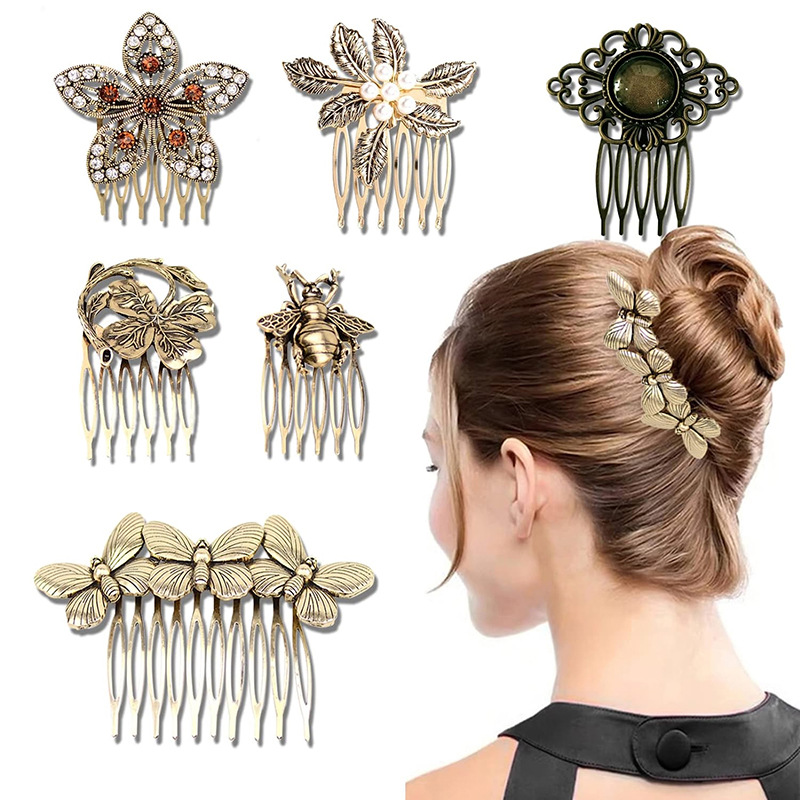 Factory direct European and American cross-border supply retro diamond hair comb comb antique headdress leaves Pearl hairpin