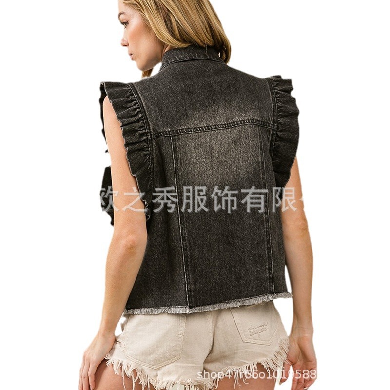 2025 European and American Cross-Border Summer Amazon New Popular Washed Denim Single-Breasted Top Flying Sleeve Jacket Women's Clothing