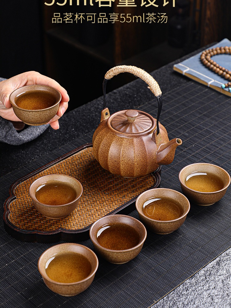 Teapot Set with Handle, Coarse Pottery Complete Ceramic Kung Fu Tea Set for Home Use, Simple Charcoal Stove Teapot for Brewing Tea Around the Stove