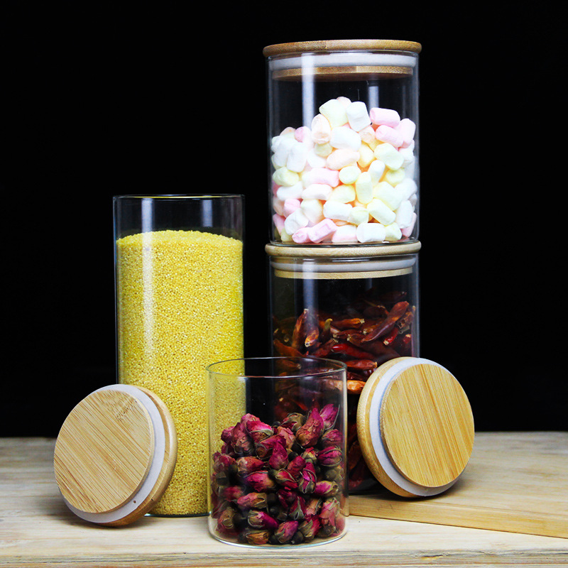 Kitchen Sealed Storage Glass Jar Transparent Round Bamboo Lid Multigrain Tea Packaging Jar Food Tangerine Peel Storage Jar
