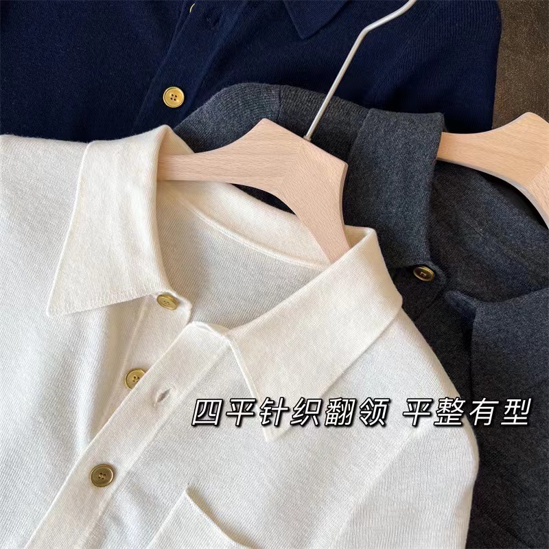 Lapel POLO2023 autumn new plus size women's long sleeve knitted wool base shirt solid color outside take a batch of a generation of hair