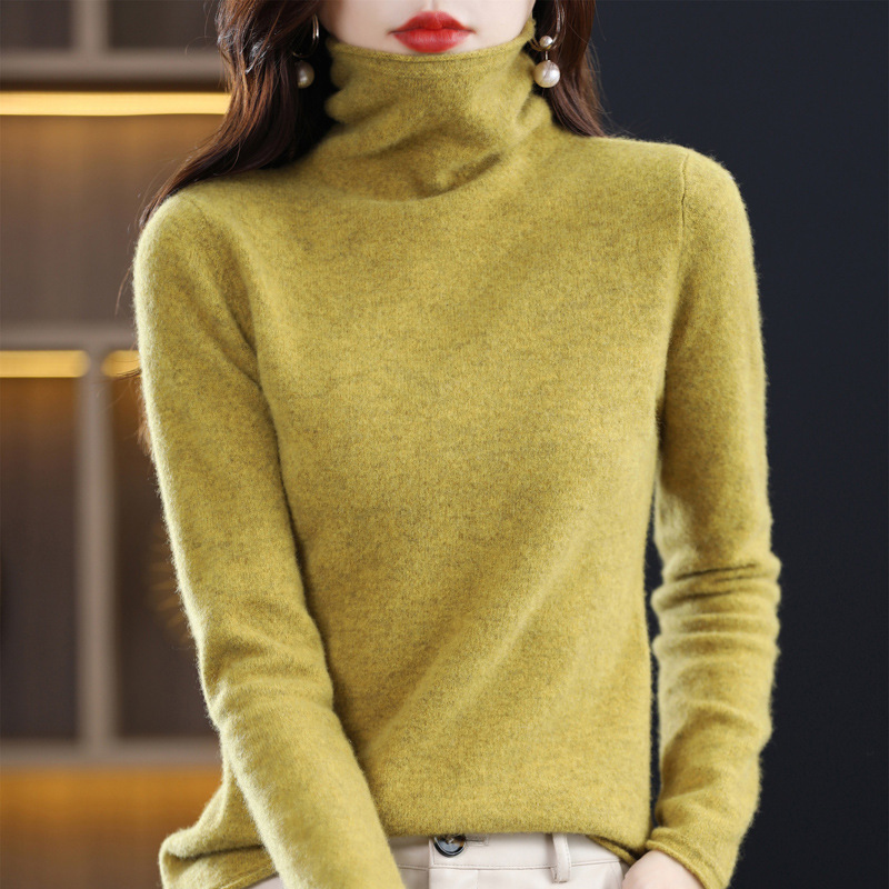 Women's 100% Pure Wool Sweater with a Stacked Collar, Stylish Autumn and Winter Knit Pullover Cashmere Base Sweater