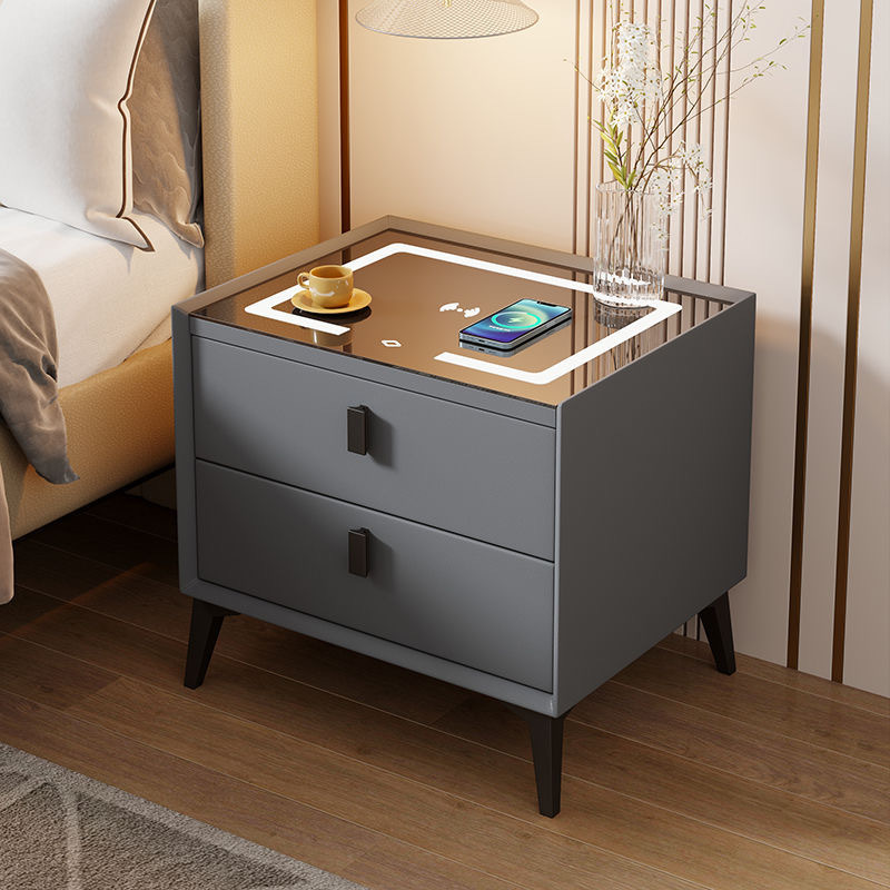Smart Bedside Table Bedroom Bedside Small Cabinet Simple Modern Solid Wood Multifunctional Wireless Charging and Storage Cabinet with Lamp