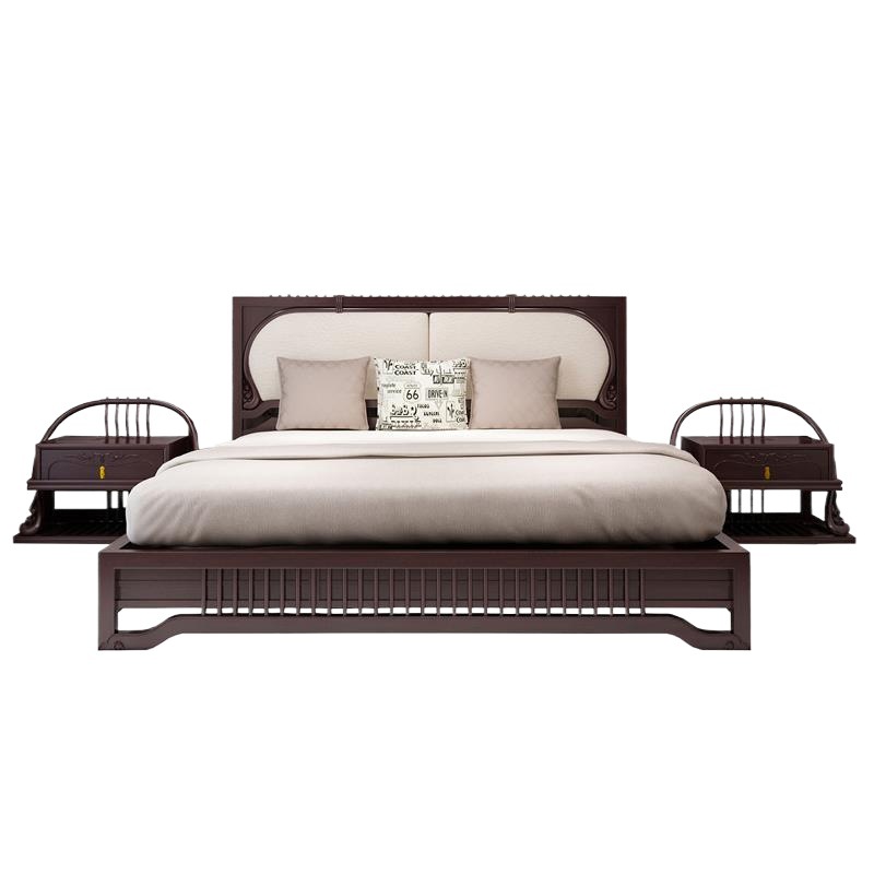 New Chinese Style Solid Wood Bed Zen Double Bed Bedside Table Wardrobe Rack Bedroom Model Room Complete Set Wedding Bed Villa Simple