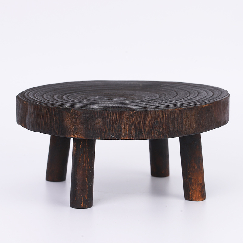 Cross-Border Amazon Burnt Paulownia Solid Wood Stool New Chinese Style Green Plant Solid Wood Chair Antique Round Bench Wholesale Design