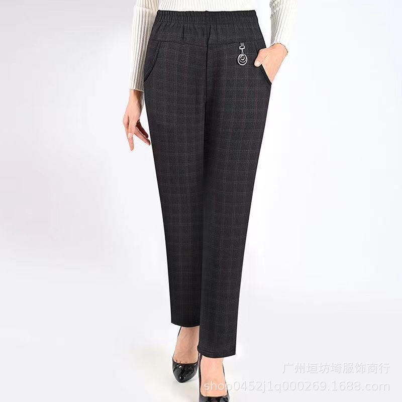 Осенние женские брюки с высокой талией для среднего и пожилого возраста, эластичный пояс, повседневные растяжимые брюки, длина девять десятых, стройнящие