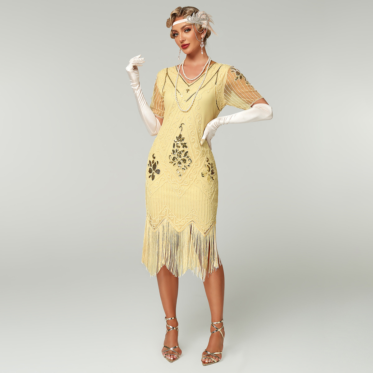 Gatsby Dress New Hand-Embroidered Beaded Sequin Skirt European and American Banquet Dress V Neck Short-Sleeved Dress