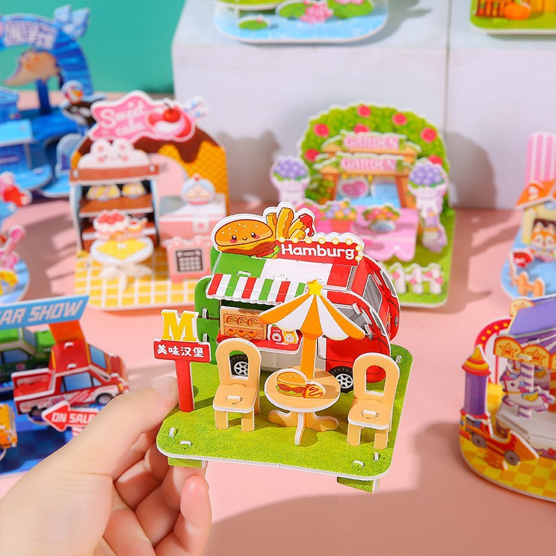 Cartoon 3D three-dimensional house puzzle children DIY puzzle early childhood education small four mini hut assembled toys