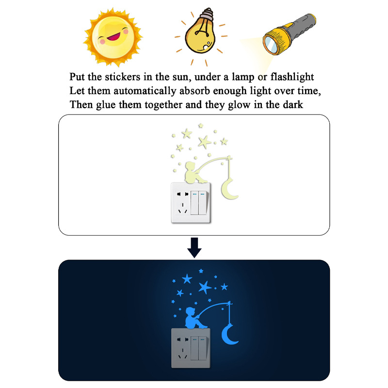 Cross-border explosions luminous fluorescent boy fishing Moon cartoon decoration switch self-adhesive stickers wholesale PVC removable