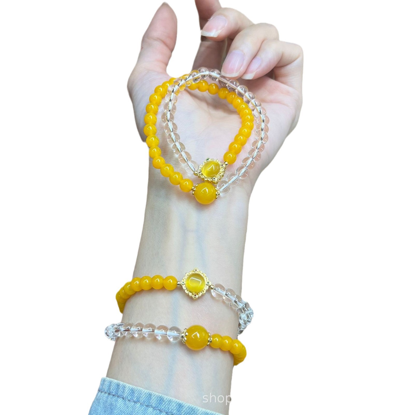 Natural Yellow Onyx Chicken Oil Yellow Bracelet Lemon Yellow White Crystal Double Circle Bracelet New Chinese Style Light Luxury Live Wholesale