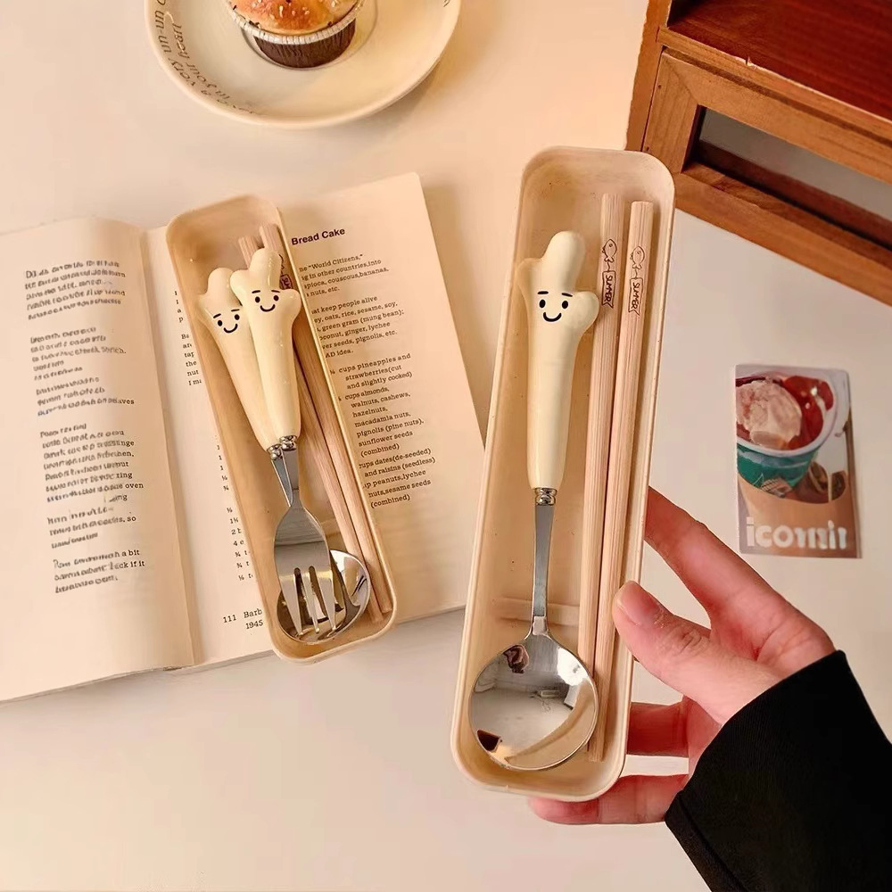 Chopsticks spoon fork three-piece set cute adult student office worker stainless steel outdoor convenient tableware suit