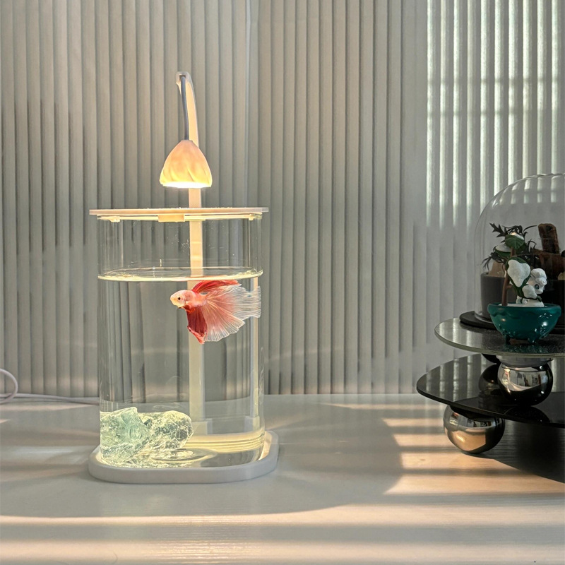 Betta Fish Tank Small Desktop Landscaping Ornaments for Ornamental Special Ecological Fish Farming Glass Small Tv Cabinet Decoration White