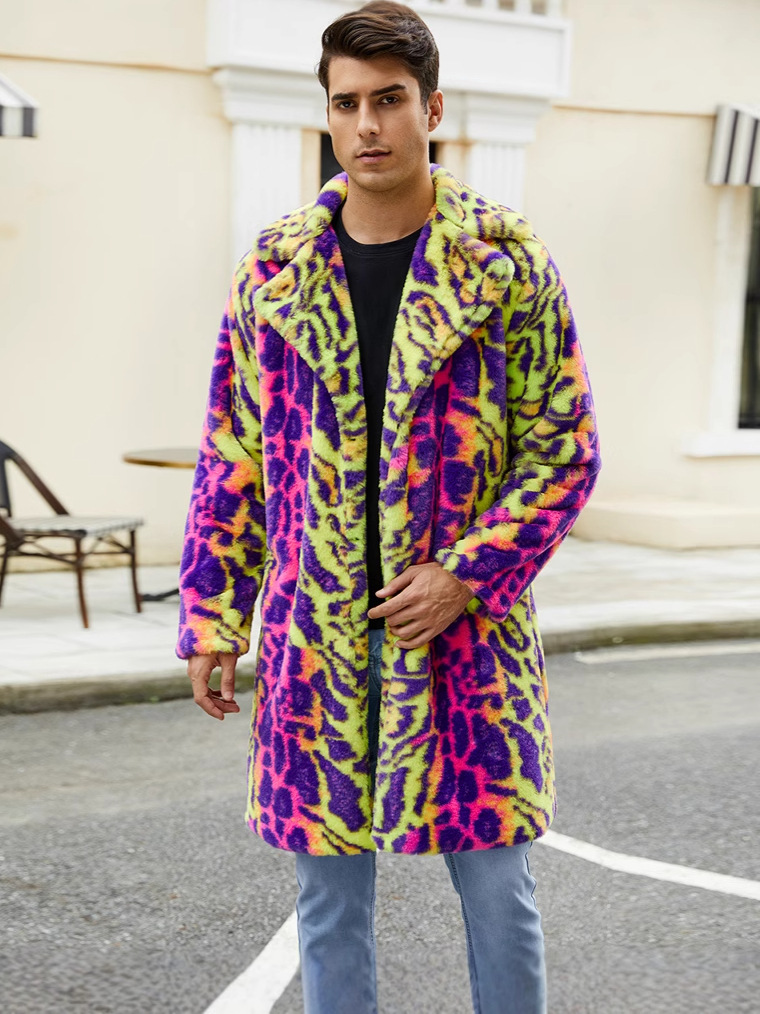 F0774 Cross-border European and American Men's Faux Fur Coat Autumn and Winter Warm Plush Coat Leopard Contrast Coat