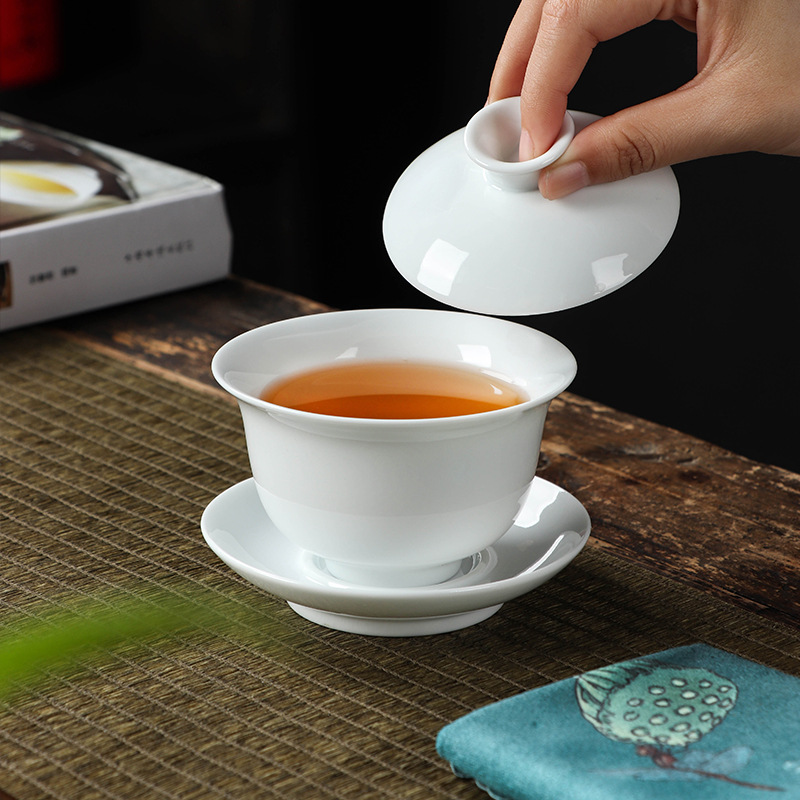 High White Porcelain Sancai Bowl Suede Jade Porcelain Pure White Big small size Tea Cup Company Activity Store Opening LOGO Gift