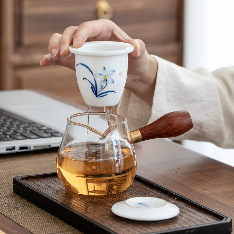 Ручной росписи чайник с разделением воды, деревянная ручка, жаропрочный стеклянный чайник, керамическая фильтровая вставка, для офиса и дома