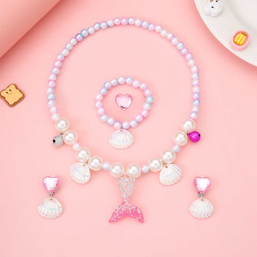 Children's Mermaid Pearl Necklace Beaded Set Dopamine Pearl Shell Cute Princess Necklace Jewelry Set