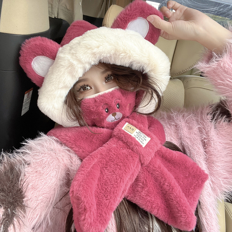 Strawberry Bear Hat Winter Scarf One-piece Thickened Warm Plush Multi-piece Set Explosion Windproof Cold Bike Necessary