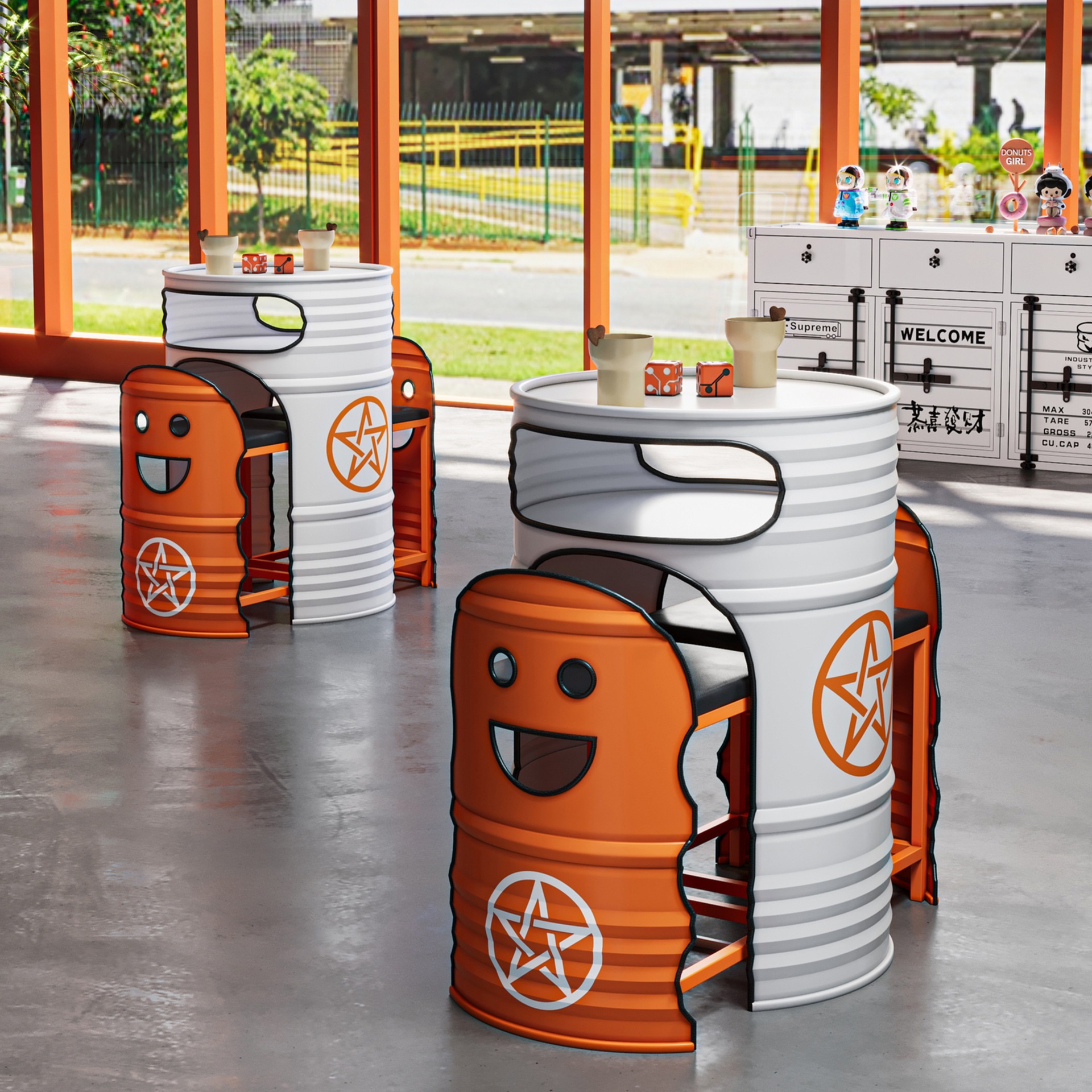 Trendy Milk Tea Coffee Bar Gym Billiard Room Shop Indoor and Outdoor Industrial Style Plastic Wood Oil Drum Table and Chairs Commercial Use