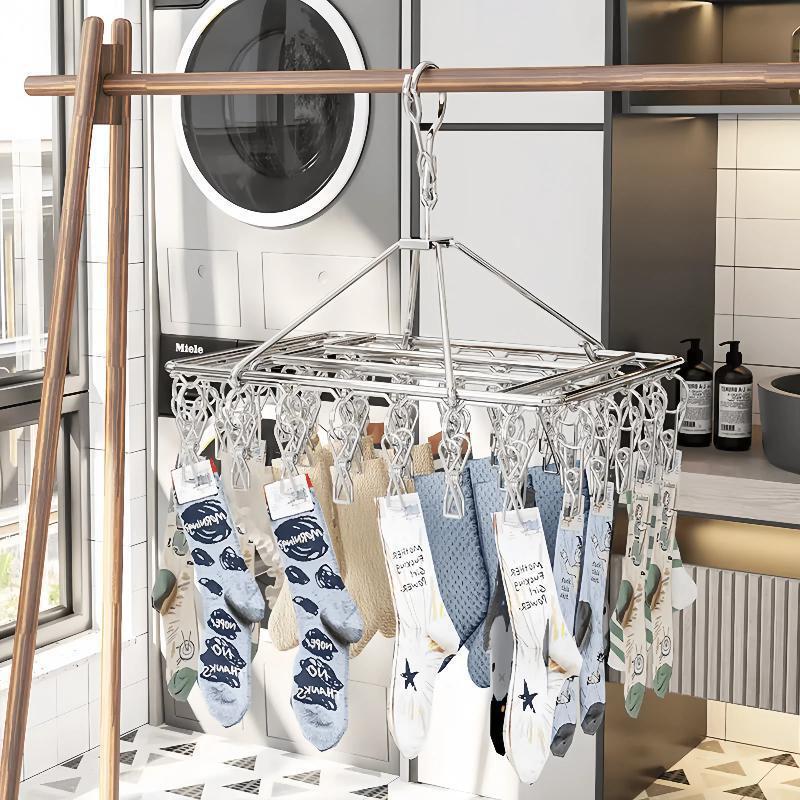 Sock Drying Rack with Multiple Clips, Windproof Household Stainless Steel Clothespin, Multifunctional Hook Hanger for Drying Socks