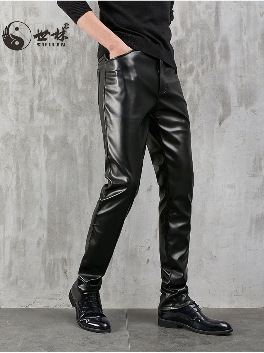 New Leather Pants Men's Brown Pu Casual Small Feet Motorcycle K-Style Handsome European and American Large Size Wholesale Cross-Border Motorcycle Autumn and Winter