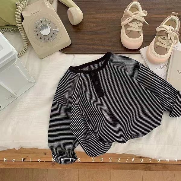 Children's Long-sleeved T-shirt Boys New Korean Style Classic Long-sleeved Striped Girls Base Shirt Autumn and Winter Velvet Top
