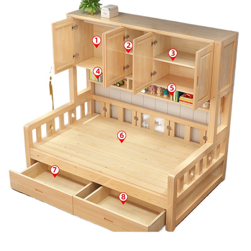 Solid Wood Bed Integrated Side Cabinet Bed Small Apartment Tatami Single and Double Bed Bedroom Storage Combination Children's Bed Wardrobe Bed