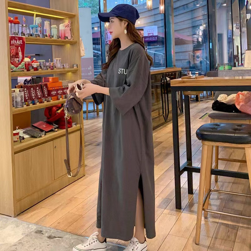 Plus Size Summer New Style Lazy Long Short-Sleeved Loose Over-The-Knee Large Size Dress 100kg Long Skirt T-Shirt Skirt