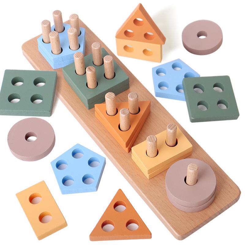 Children's Early Education Educational Wooden Geometric Figure Shape Set Column Building Blocks Toy Five Column Shape Matching Macaron Set Column