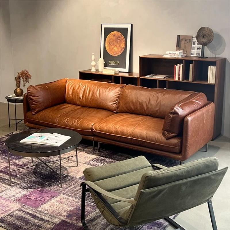 Vintage Oil Wax Leather Sofa, Italian Minimalist Style, Top-Grain Cowhide, Mid-Century Style Living Room Straight-Row Leather Art Armchair Sofa