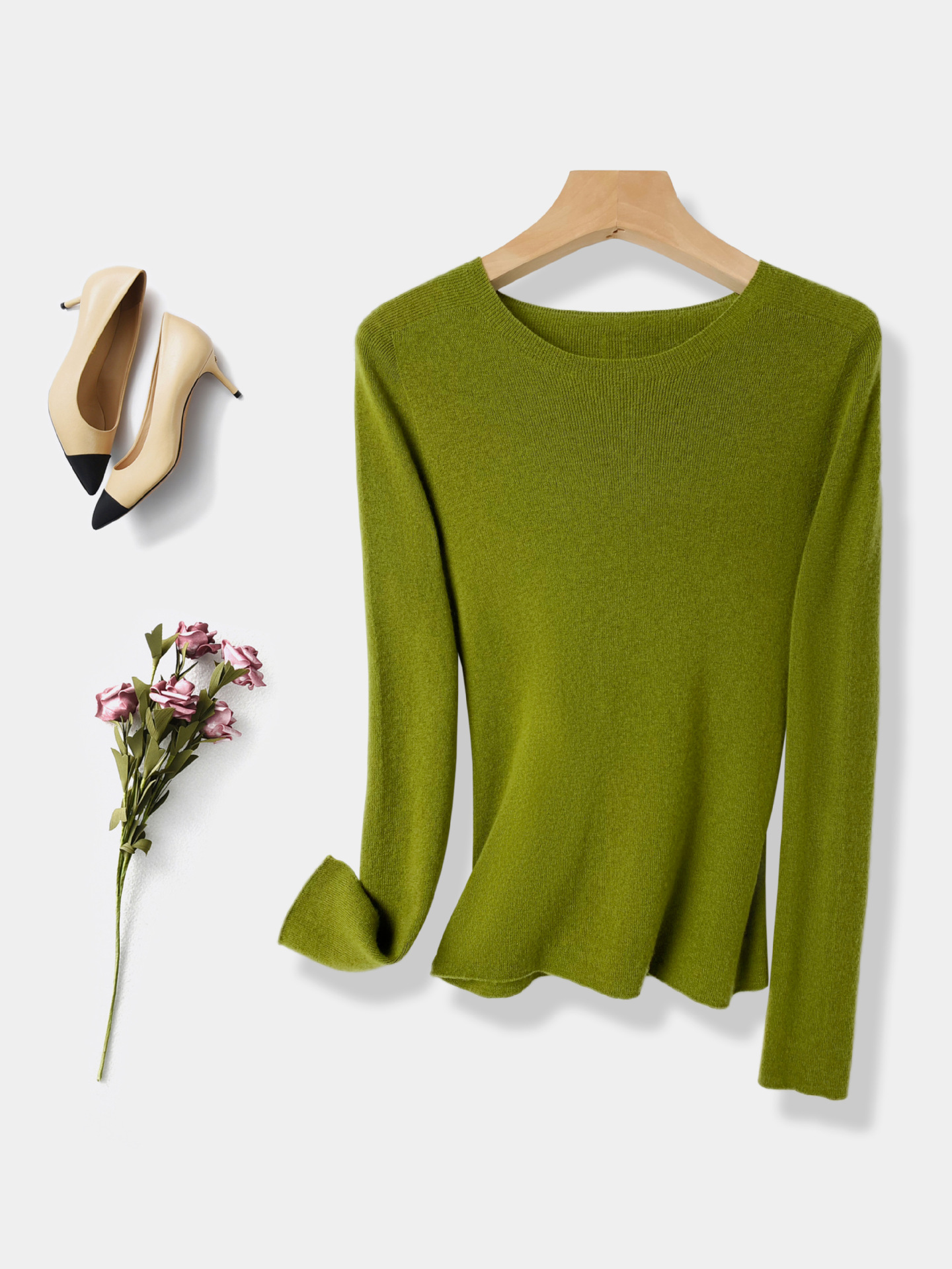 Machine Washable 60-Count Seamless Base Shirt, Round Neck, 100% Wool Knit Sweater for Women, Autumn and Winter Slim-Fit Thin Sweater for Women