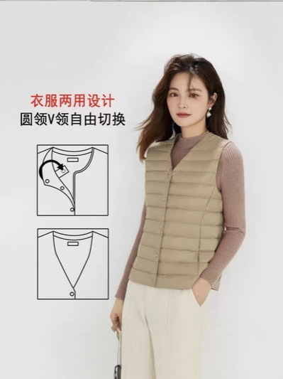 Cross-Border Tiktok New Women's Collarless down Liner Vest V Neck Lightweight Warm Jacket Vest Vest Round Neck