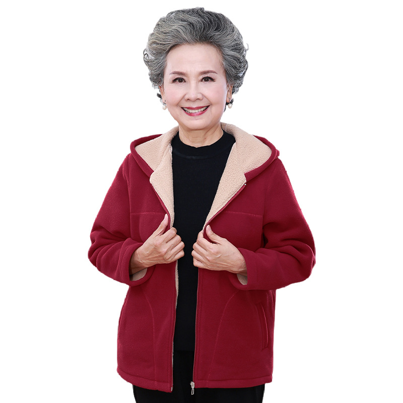 Grandma Autumn and Winter Fleece Coat Women's Middle-aged and Elderly Winter Coat Thickened Sweatshirt 70-year-old Mother Fleece Warm Top