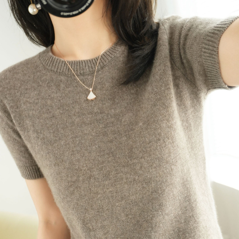 Pullover Sweater Women's Non-cashmere Crewneck Short-sleeved Loose T-shirt Inner Knit Sweater Base Spring and Autumn Short Top