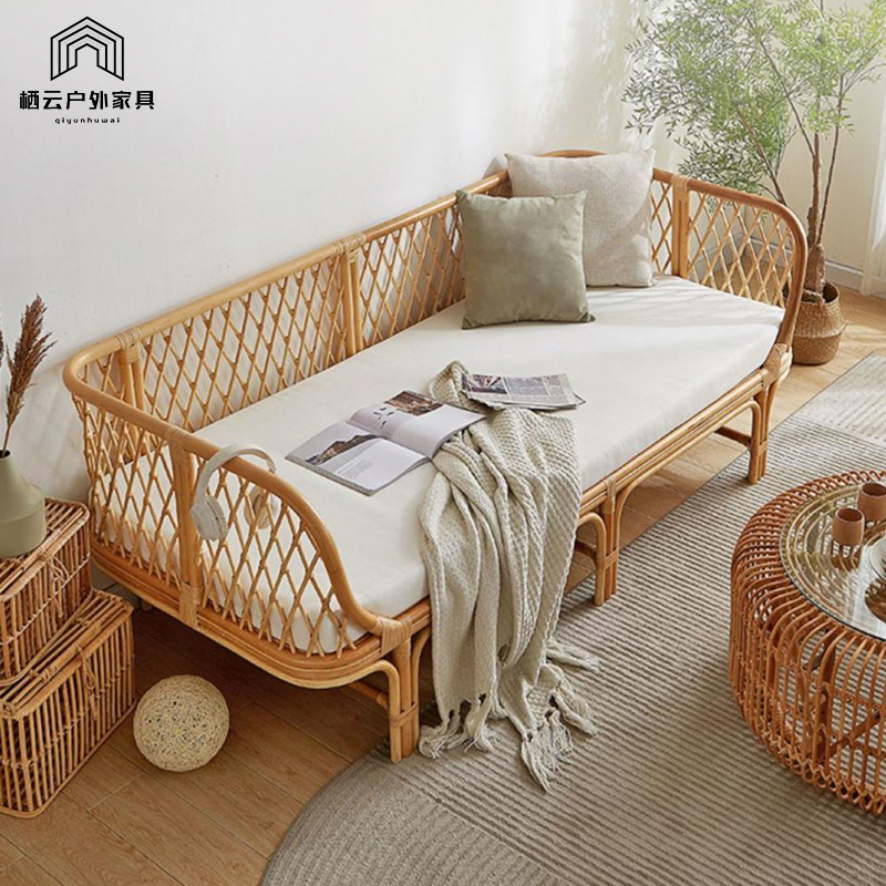 Hotel Homestay Natural Rattan Bed Three-person Double Real Rattan Sofa Bed Waterproof Sunscreen Leisure Sofa Bed Combination