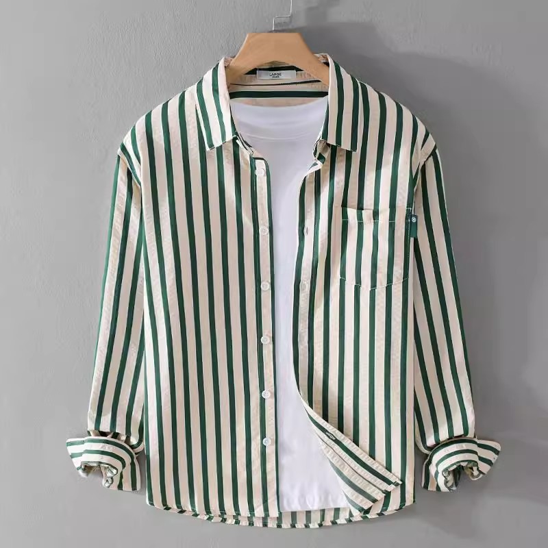 Shopping Mall Closed Ice Silk Striped Long-sleeved Shirt Summer Light Luxury Trendy Brand Contrast Color Simple Men's Casual All-match Shirt