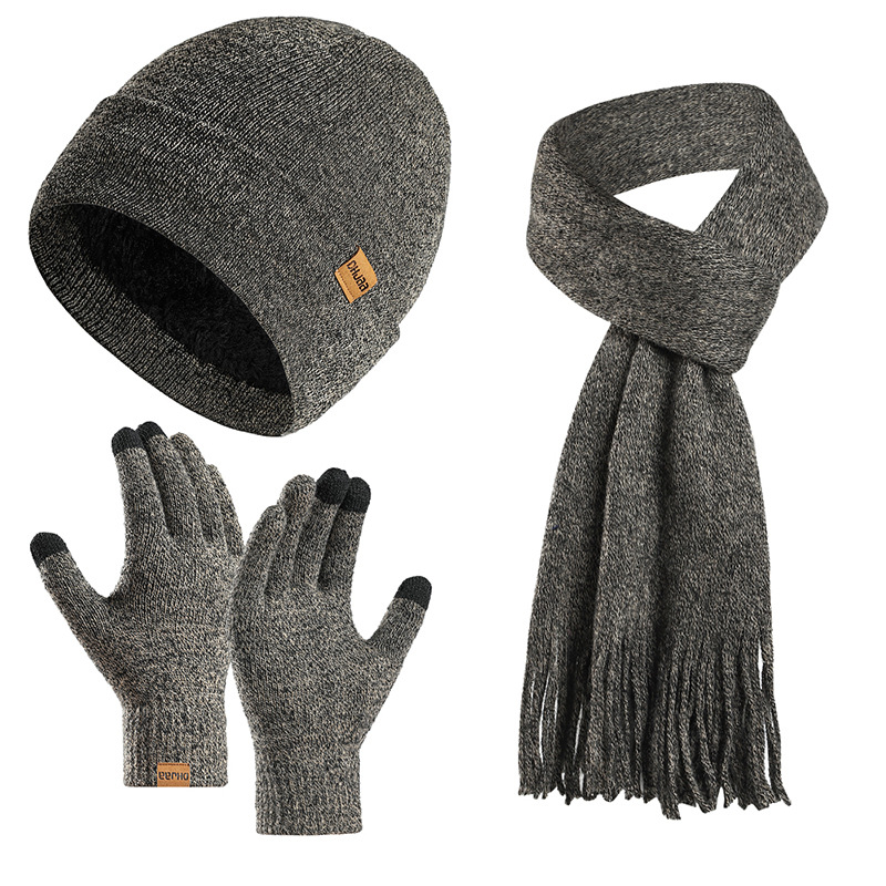 Amazon's New Set European and American Autumn and Winter Velvet Knitted Hat Scarf Gloves Men's and Women's Warm Wool Three-Piece Set
