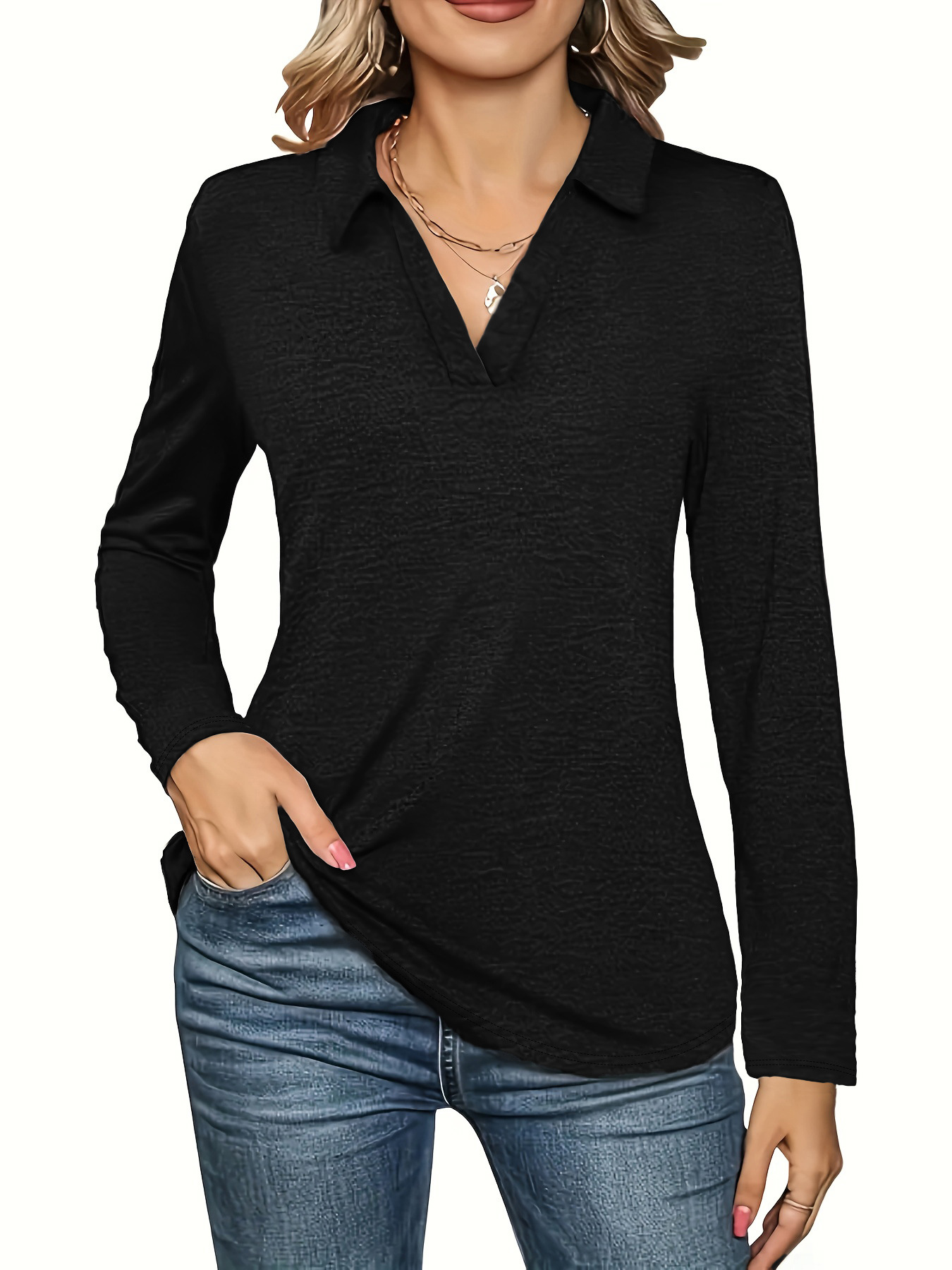 Spot Cross-Border Spring & Fall Pure Color V Neck Long-Sleeved T-Shirt, New Fashion Casual Women's Tops