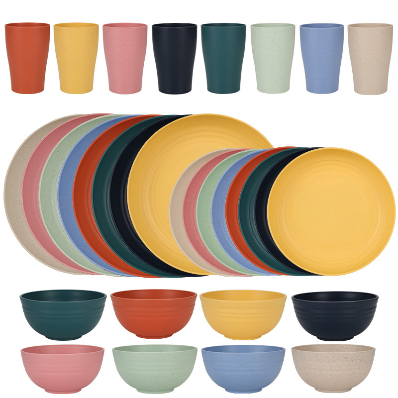 Amazon Temu's Popular Wheat Straw Tableware for 6 People, Plates, Bowls and Cups, 24Pcs Dishes and Plates Set, Dinner Plates and Soup Bowls